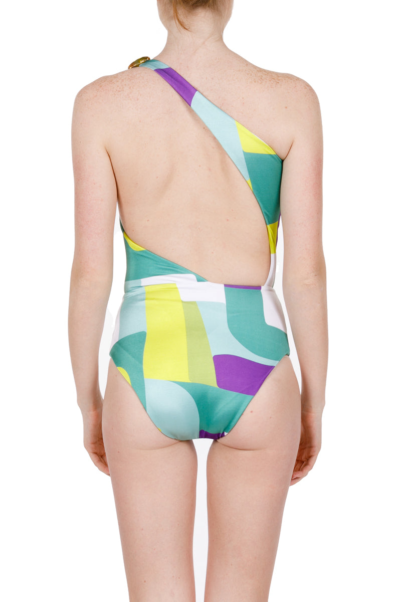 Rini green printed one-shoulder swimsuit